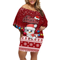 Palau Christmas Family Matching Off Shoulder Short Dress and Hawaiian Shirt Snowman and Palau Coat of Arms Maori Tribal Xmas Style LT03 Mom's Dress Red - Polynesian Pride