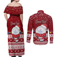 Personalised Palau Christmas Couples Matching Off Shoulder Maxi Dress and Long Sleeve Button Shirt Snowman and Palau Coat of Arms Maori Tribal Xmas Style LT03 - Polynesian Pride
