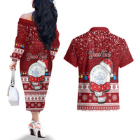 Personalised Palau Christmas Couples Matching Off The Shoulder Long Sleeve Dress and Hawaiian Shirt Snowman and Palau Coat of Arms Maori Tribal Xmas Style LT03 - Polynesian Pride