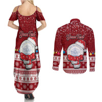 Personalised Palau Christmas Couples Matching Summer Maxi Dress and Long Sleeve Button Shirt Snowman and Palau Coat of Arms Maori Tribal Xmas Style LT03 - Polynesian Pride
