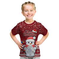 Personalised Palau Christmas Kid T Shirt Snowman and Palau Coat of Arms Maori Tribal Xmas Style LT03 Red - Polynesian Pride