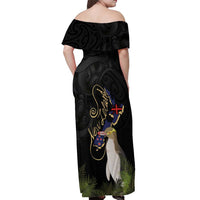 New Zealand Hoiho Off Shoulder Maxi Dress Maori Art Tattoo and Silver Fern