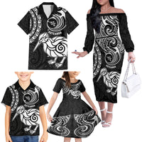 New Zealand Family Matching Off Shoulder Long Sleeve Dress and Hawaiian Shirt Stylized Kiwi Bird Tattoo Mix Koru Circle and Maori Ethnic Vibe LT03 - Polynesian Pride