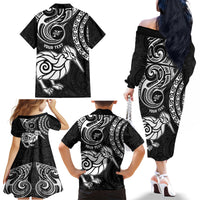 Personalised New Zealand Family Matching Off Shoulder Long Sleeve Dress and Hawaiian Shirt Stylized Kiwi Bird Tattoo Mix Koru Circle and Maori Ethnic Vibe LT03 - Polynesian Pride