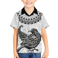 Custom New Zealand Family Matching Off Shoulder Long Sleeve Dress and Hawaiian Shirt Tui Bird and Koru Circle Mix Silver Fern Pattern LT03 Son's Shirt White - Polynesian Pride