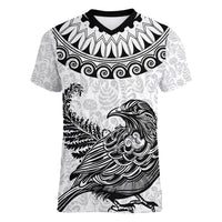 Custom New Zealand Women V Neck T Shirt Tui Bird and Koru Circle Mix Silver Fern Pattern LT03 Female White - Polynesian Pride