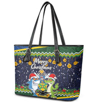 Funny Crocodile and Shark Solomon Islands Christmas Leather Tote Bag with National Seal Melanesian Pattern