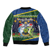Funny Crocodile and Shark Solomon Islands Christmas Sleeve Zip Bomber Jacket with National Seal Melanesian Pattern