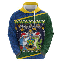Funny Crocodile and Shark Solomon Islands Christmas Zip Hoodie with National Seal Melanesian Pattern