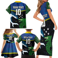 Custom Solomon Islands Rugby Family Matching Short Sleeve Bodycon Dress and Hawaiian Shirt Arty Shark and Crocodile Solomon Islands National Emblems