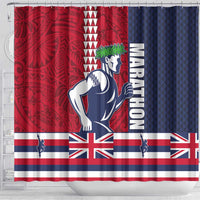 Honolulu Running 2024 Shower Curtain Marathon Competition Hula Runner and Kakau Art Tattoo