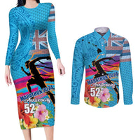 Honolulu Anniversary 52nd Running Couples Matching Long Sleeve Bodycon Dress and Long Sleeve Button Shirt Marathon Competition Kakau Pattern Blue Color LT03 Blue - Polynesian Pride