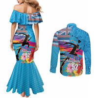 Honolulu Anniversary 52nd Running Couples Matching Mermaid Dress and Long Sleeve Button Shirt Marathon Competition Kakau Pattern Blue Color LT03 - Polynesian Pride