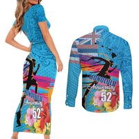 Honolulu Anniversary 52nd Running Couples Matching Short Sleeve Bodycon Dress and Long Sleeve Button Shirt Marathon Competition Kakau Pattern Blue Color LT03 - Polynesian Pride