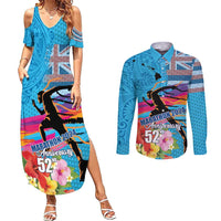 Honolulu Anniversary 52nd Running Couples Matching Summer Maxi Dress and Long Sleeve Button Shirt Marathon Competition Kakau Pattern Blue Color LT03 Blue - Polynesian Pride