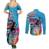 Honolulu Anniversary 52nd Running Couples Matching Summer Maxi Dress and Long Sleeve Button Shirt Marathon Competition Kakau Pattern Blue Color LT03 - Polynesian Pride