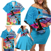 Honolulu Anniversary 52nd Running Family Matching Off Shoulder Short Dress and Hawaiian Shirt Marathon Competition Kakau Pattern Blue Color