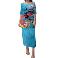 Honolulu Anniversary 52nd Running Family Matching Puletasi and Hawaiian Shirt Marathon Competition Kakau Pattern Blue Color