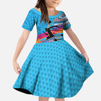 Honolulu Anniversary 52nd Running Kid Short Sleeve Dress Marathon Competition Kakau Pattern Blue Color