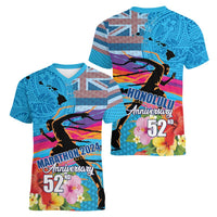 Honolulu Anniversary 52nd Running Women V-Neck T-Shirt Marathon Competition Kakau Pattern Blue Color LT03 - Polynesian Pride