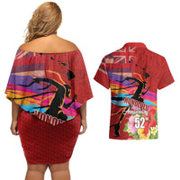 Honolulu Anniversary 52nd Running Couples Matching Off Shoulder Short Dress and Hawaiian Shirt Marathon Competition Kakau Pattern Red Color LT03 - Polynesian Pride
