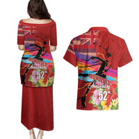 Honolulu Anniversary 52nd Running Couples Matching Puletasi and Hawaiian Shirt Marathon Competition Kakau Pattern Red Color LT03 - Polynesian Pride