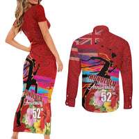Honolulu Anniversary 52nd Running Couples Matching Short Sleeve Bodycon Dress and Long Sleeve Button Shirt Marathon Competition Kakau Pattern Red Color LT03 - Polynesian Pride