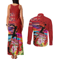 Honolulu Anniversary 52nd Running Couples Matching Tank Maxi Dress and Long Sleeve Button Shirt Marathon Competition Kakau Pattern Red Color LT03 - Polynesian Pride