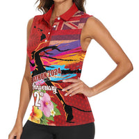 Honolulu Anniversary 52nd Running Women Sleeveless Polo Shirt Marathon Competition Kakau Pattern Red Color