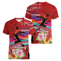Honolulu Anniversary 52nd Running Women V-Neck T-Shirt Marathon Competition Kakau Pattern Red Color LT03 - Polynesian Pride