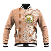 Hawaii Tropical Flowers with Kakau Tribal Baseball Jacket Peach Fuzz Color LT03 Unisex Peach Fuzz - Polynesian Pride