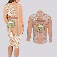 Hawaii Tropical Flowers with Kakau Tribal Couples Matching Long Sleeve Bodycon Dress and Long Sleeve Button Shirt Peach Fuzz Color LT03 - Polynesian Pride