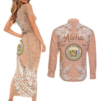 Hawaii Tropical Flowers with Kakau Tribal Couples Matching Short Sleeve Bodycon Dress and Long Sleeve Button Shirt Peach Fuzz Color LT03 - Polynesian Pride