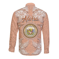 Hawaii Tropical Flowers with Kakau Tribal Long Sleeve Button Shirt Peach Fuzz Color LT03 - Polynesian Pride