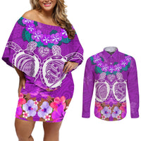 Polynesian Valentine Day Couples Matching Off Shoulder Short Dress and Long Sleeve Button Shirt Love Couple Turtle Maori Hibiscus Purple LT03 Purple - Polynesian Pride