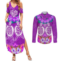 Polynesian Valentine Day Couples Matching Summer Maxi Dress and Long Sleeve Button Shirt Love Couple Turtle Maori Hibiscus Purple LT03 Purple - Polynesian Pride