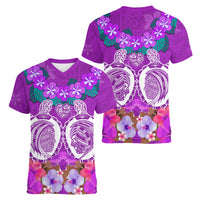 Polynesian Valentine Day Women V Neck T Shirt Love Couple Turtle Maori Hibiscus Purple LT03 - Polynesian Pride