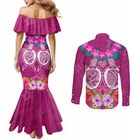 Polynesian Valentine Day Couples Matching Mermaid Dress and Long Sleeve Button Shirt Love Couple Turtle Maori Hibiscus Pink LT03 - Polynesian Pride