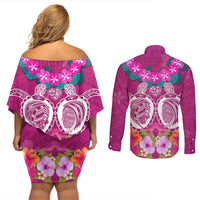 Polynesian Valentine Day Couples Matching Off Shoulder Short Dress and Long Sleeve Button Shirt Love Couple Turtle Maori Hibiscus Pink LT03 - Polynesian Pride