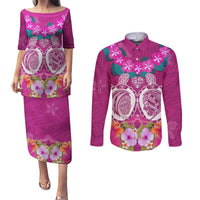 Polynesian Valentine Day Couples Matching Puletasi and Long Sleeve Button Shirt Love Couple Turtle Maori Hibiscus Pink LT03 Pink - Polynesian Pride