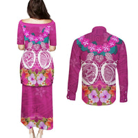 Polynesian Valentine Day Couples Matching Puletasi and Long Sleeve Button Shirt Love Couple Turtle Maori Hibiscus Pink LT03 - Polynesian Pride