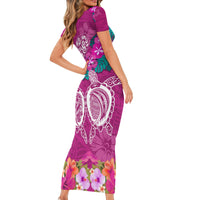 Polynesian Valentine Day Short Sleeve Bodycon Dress Love Couple Turtle Maori Hibiscus Pink LT03 - Polynesian Pride