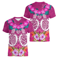 Polynesian Valentine Day Women V Neck T Shirt Love Couple Turtle Maori Hibiscus Pink LT03 - Polynesian Pride