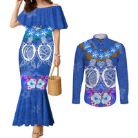 Polynesian Valentine Day Couples Matching Mermaid Dress and Long Sleeve Button Shirt Love Couple Turtle Maori Hibiscus Blue LT03 Blue - Polynesian Pride