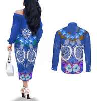 Polynesian Valentine Day Couples Matching Off The Shoulder Long Sleeve Dress and Long Sleeve Button Shirt Love Couple Turtle Maori Hibiscus Blue LT03 - Polynesian Pride