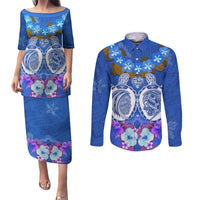 Polynesian Valentine Day Couples Matching Puletasi and Long Sleeve Button Shirt Love Couple Turtle Maori Hibiscus Blue LT03 Blue - Polynesian Pride
