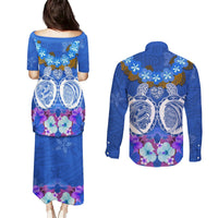 Polynesian Valentine Day Couples Matching Puletasi and Long Sleeve Button Shirt Love Couple Turtle Maori Hibiscus Blue LT03 - Polynesian Pride