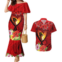 Hawaii Valentine Day Couples Matching Mermaid Dress and Hawaiian Shirt Couple on Beach mix Hibiscus and Polynesian Tattoo LT03 Red - Polynesian Pride