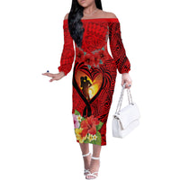 Hawaii Valentine Day Family Matching Off Shoulder Long Sleeve Dress and Hawaiian Shirt Couple on Beach mix Hibiscus and Polynesian Tattoo LT03 Mom's Dress Red - Polynesian Pride