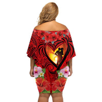 Hawaii Valentine Day Off Shoulder Short Dress Couple on Beach mix Hibiscus and Polynesian Tattoo LT03 - Polynesian Pride